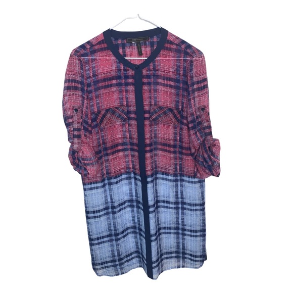 BCBGMAXAZRIA chiffon plaid tunic length button down top - Picture 3 of 7